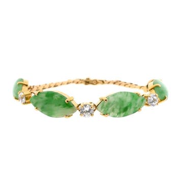 Gouden gourmetschakel armband met jade en zirconia, Gebruikt, Ophalen of Verzenden, Met edelsteen, Goud