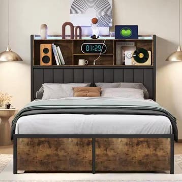 Metalen tweepersoonsbed met opberghoofdbord en LED, Verzenden, Nieuw
