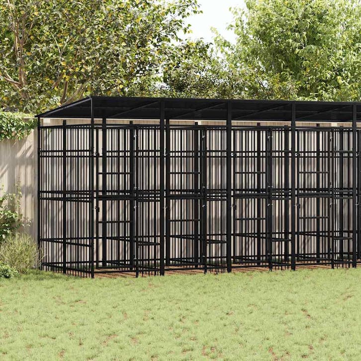vidaXL Hondenkennel met dak 14,75 m² staal, Dieren en Toebehoren, Honden-accessoires, Nieuw, Verzenden