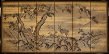 Een zesdelige sumi-e en goudpoeder bybu () van herten
