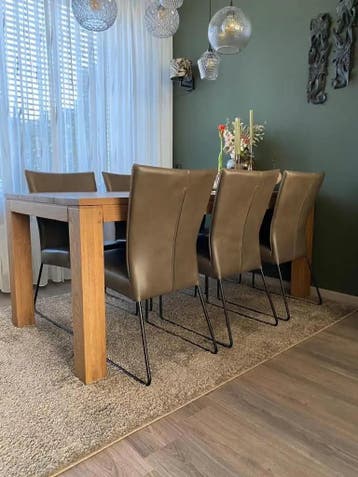 Set van 6 leren eetkamerstoelen - met designpoot - groen, Huis en Inrichting, Stoelen, Ophalen of Verzenden, Nieuw, Leer