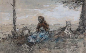 Willem Hendrik van der Nat (1864–1929) - Schapenhoedster aan, Antiek en Kunst, Kunst | Schilderijen | Klassiek