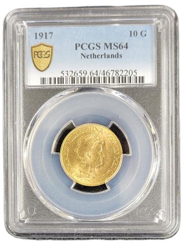 Gouden Wilhelmina 10 gulden 1917 MS64 gecertificeerd PCGS, Verzenden, Goud, Koningin Wilhelmina, Losse munt