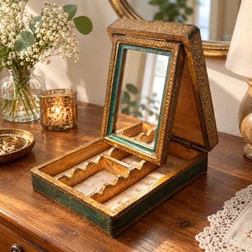 Sieradendoos - Model van verguld hout en zijn spiegel op een