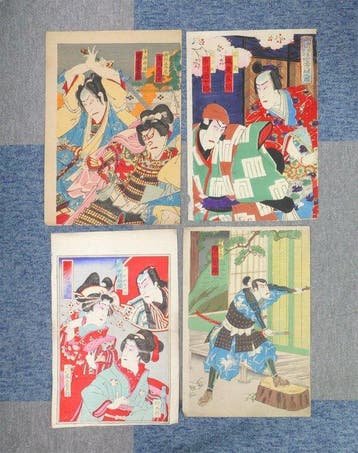 Set of 4 Ukiyo-e Woodblock Prints - Toyohara Kunichika