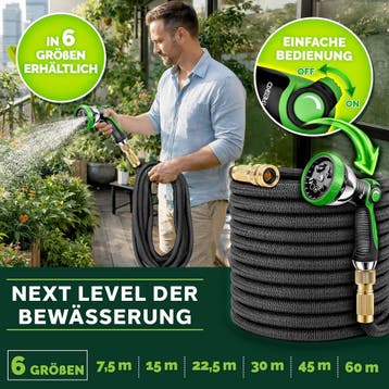Flexibele Tuinslang - Inc. sproeikop - 15 meter - Zwart - TR, Verzenden, Zo goed als nieuw