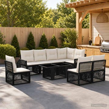 vidaXL Tuinbankenset 9 st Zwart en Cream Wit poly rattan, Verzenden, Nieuw