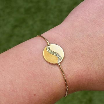 Verstelbare armband met yinyang plaatje (Schakelarmband), Gebruikt, Geel, Ophalen of Verzenden, Met edelsteen