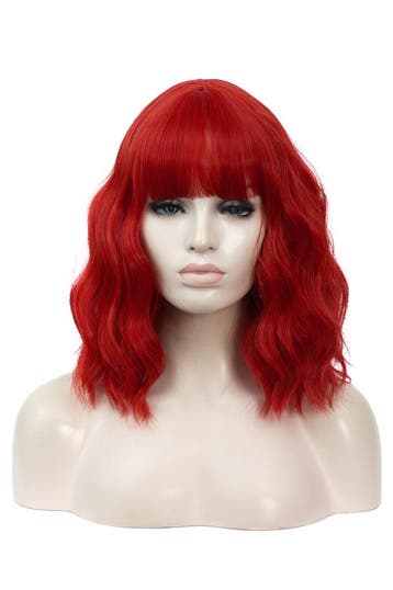 Luxe Rood Pruik Schouderlengte Rechte Pony Krullen Donkerroo, Ophalen of Verzenden, Nieuw, Carnaval