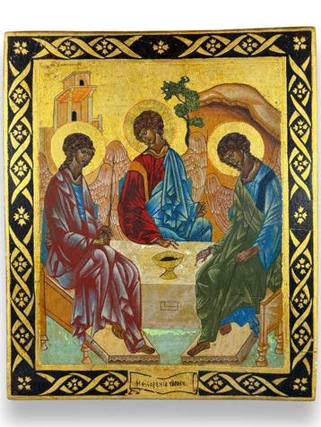 Icoon - Oudtestamentische Triniteit - Tempera op paneel -, Antiek en Kunst