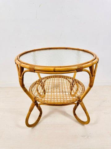 Salontafel - Rattan en glas met textuur bijzettafel - Hout,, Antiek en Kunst, Curiosa en Brocante