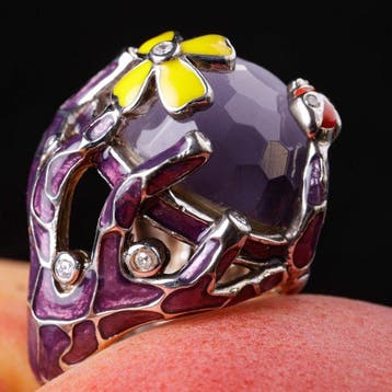 Zilveren geëmailleerde ring met Swarovski-kristal – Bloemen