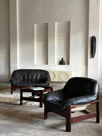 Zitgroep - Leder, Hout, Canvas - Fauteuil & bankstel & tafel