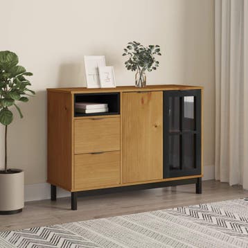 vidaXL Dressoir met glazen deuren FLAM 110x40x80 cm massief, 100 tot 150 cm, Verzenden, Nieuw, Grenenhout