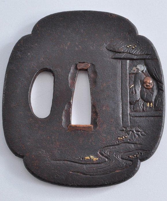 Twee Figuren in een rietgedekt paviljoen tsuba - IJzer, Antiek en Kunst, Antiek | Overige Antiek