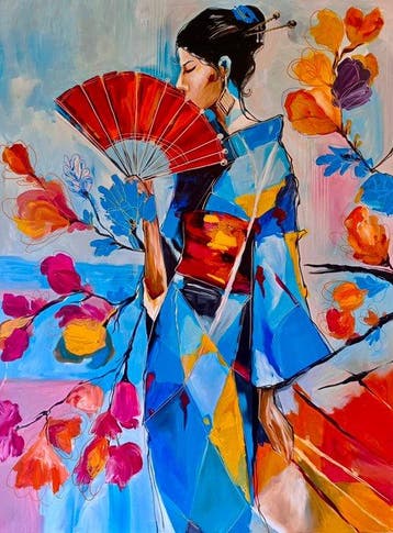 Kiri Aguilera (1982) - XL - Geisha Abstracta en Azul y, Antiek en Kunst