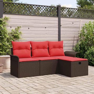 vidaXL Tuin Sofa Set 4 st Bruin en Rood poly rattan, Verzenden, Nieuw, Rotan, 4 zitplaatsen