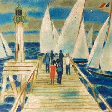 Yves Ganne (1931-2019) - Promeneurs sur la jetée, phare et