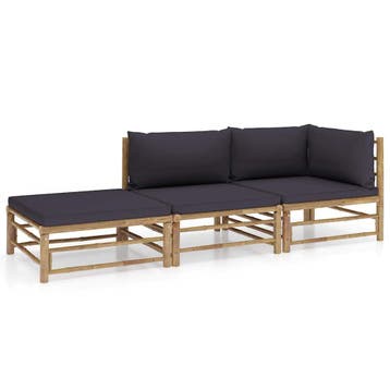 vidaXL 3-delige Loungeset met donkergrijze kussens bamboe, Verzenden, Nieuw, Hout, Loungeset