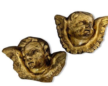 Paar engelen hoofden - 26 cm (2) - Verguld hout - 1850-1900