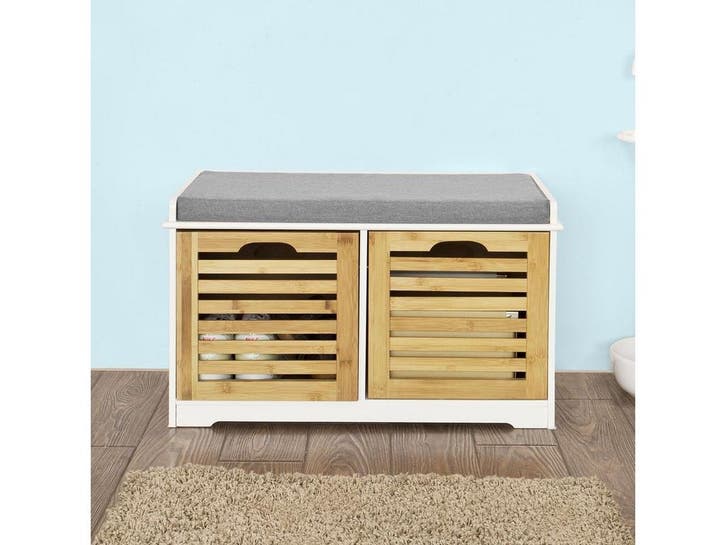 Schoenenbank van bamboe met grijs kussen - 46x69 cm, Huis en Inrichting, Overige Huis en Inrichting, Nieuw, Verzenden