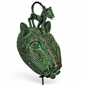 sculptuur, Masque léopard en bronze à patine verte - 32 cm -