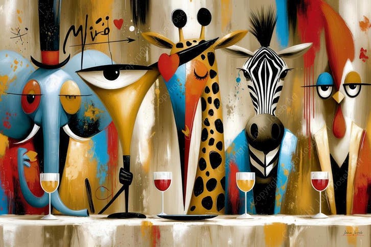 John Joseb Art glasschilderij dieren aan tafel humor abstrac, Huis en Inrichting, Woonaccessoires | Schilderijen, Tekeningen en Foto's