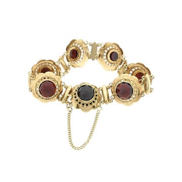 Antiek gouden bootjes armband met granaat | 18,5 cm, Gebruikt, Ophalen of Verzenden, Met edelsteen, Goud