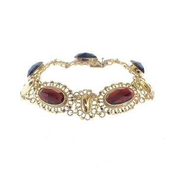 Vintage gouden bootjes armband met granaat (Schakelarmband), Gebruikt, Ophalen of Verzenden, Met edelsteen, Goud