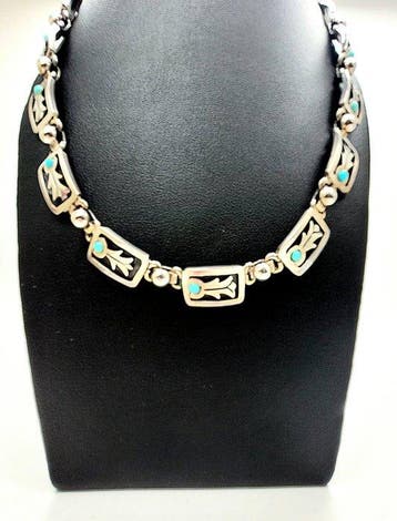 Vintage zilver 925 kraagketting, 16 turkooisstenen, iconisch, Antiek en Kunst