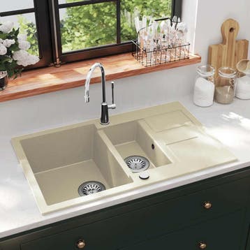vidaXL Gootsteen dubbele bakken graniet beige, Verzenden, Nieuw