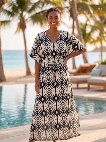 Boho rayon kaftan jurk met tailleband - Zwart Crème Nomad Ec, Ophalen of Verzenden, Nieuw