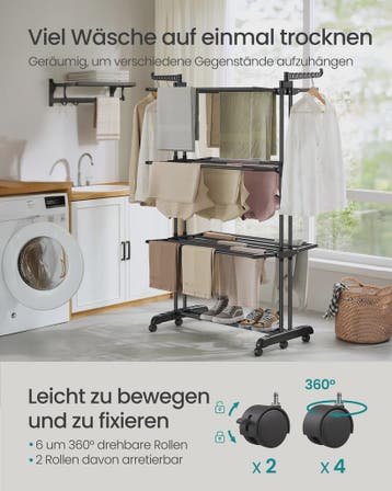 SONGMICS 4-laags droogrek met inklapbare vleugels en wielen, Verzenden, Nieuw