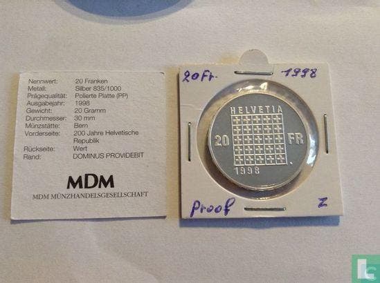 Zwitserland 20 franc 1998 200 years Swiss Republic, Postzegels en Munten, Munten | Europa | Niet-Euromunten, Losse munt, Goud