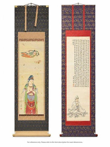 Twee Japanse boeddhistische hangende rollen – Kannon met, Antiek en Kunst