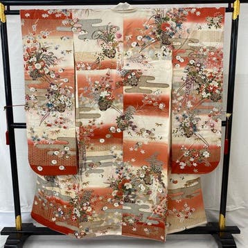 Japanse vintage kimono furisode, zijde, uit Japan, bruin,