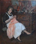 Jacques Weismann (1878-1962) - Interieur met breiende dame, Antiek en Kunst