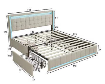 Roshanda Tweepersoonsbed 140x200 cm met LED USB en Opbergrui, Verzenden, Nieuw