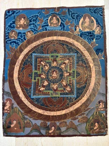 Antieke boeddhistische mandala Thangka – Tibet / Nepal -