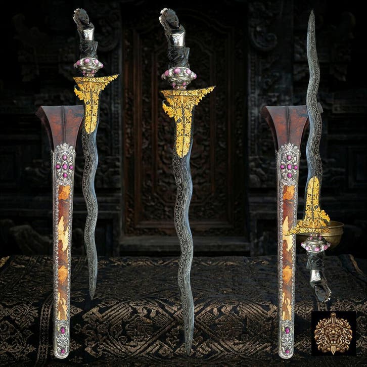 Lombok, Bali Luk 7 Kamarogan Kinatah gouden Keris, kris, Antiek en Kunst, Kunst | Niet-Westerse kunst, Ophalen of Verzenden