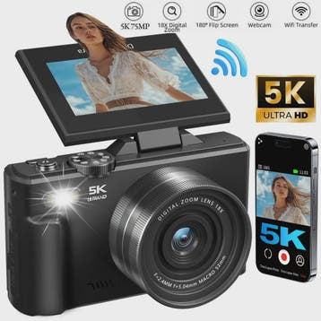 5K Digitale Camera met 75MP, 18x Zoom & 180° Flip Screen - P, Verzenden, Nieuw