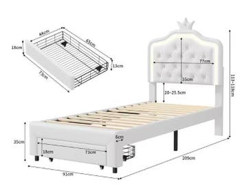 Gestoffeerd kinderbed met kroonhoofdbord en LED verlichting, Verzenden, Nieuw