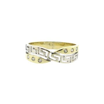 Bicolor gouden ring met meander patroon en zirconia, 18 tot 19, Gebruikt, Ophalen of Verzenden, Met edelsteen