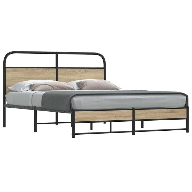vidaXL Bedframe zonder matras metaal gerookt eikenkleurig, Huis en Inrichting, Slaapkamer | Bedden, 160 cm, 200 cm, Bruin, Tweepersoons