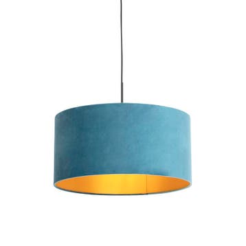 Hanglamp met velours kap blauw met goud 50 cm - Combi, Verzenden, Nieuw, Modern