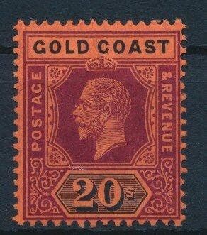 Gold Coast 1913 - König George 20 Schillings op rood papier, Gestempeld