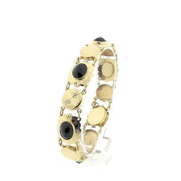 Antiek gouden bootjesarmband met granaat (Schakelarmband), Gebruikt, Ophalen of Verzenden, Met edelsteen, Goud