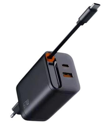 Snellader 65W USB + USB-C met Intrekbare USB-C Kabel (Nieuw), Verzenden, Nieuw