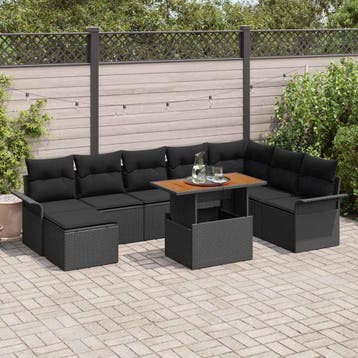 vidaXL Tuin Sofa Set 9 st Zwart Poly riet, Verzenden, Nieuw, Rotan, Meer dan 8 zitplaatsen