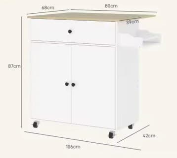 Keukeneiland op Wielen met Klapblad, Lade &amp; Kast – 106 cm, Verzenden, Nieuw